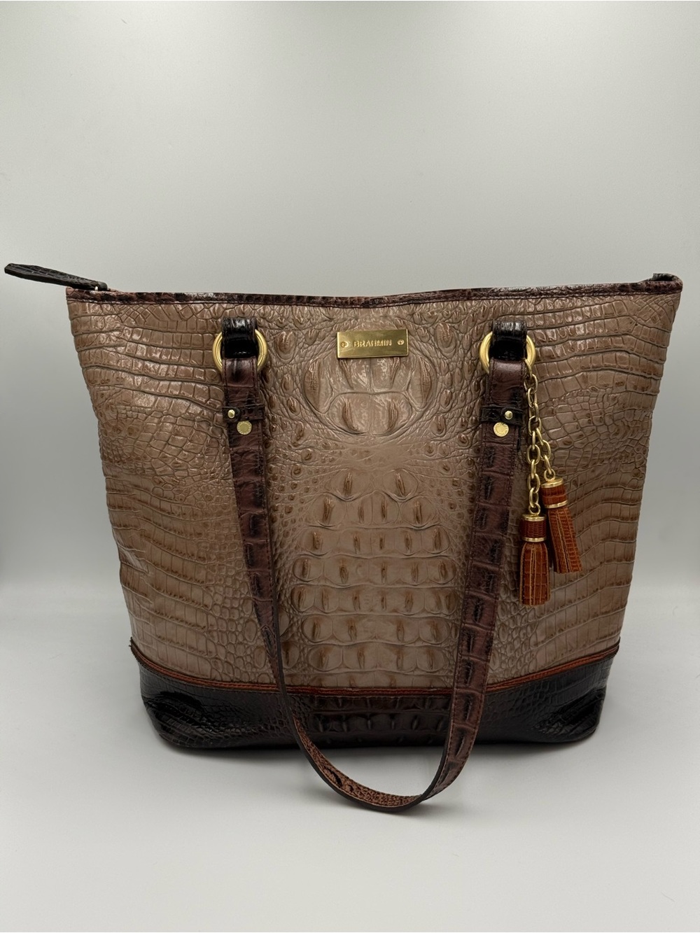 Brahmin Vintage Asher Tote in Taupe and Dark Brown Croc-Embossed Leather